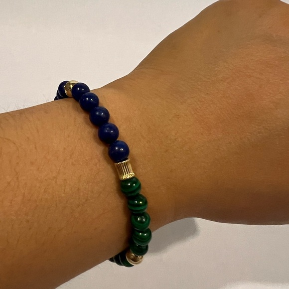 Lapis Malachite 14k Gold Filled Gemstone Stretch Bracelet 6mm - Picture 10 of 11